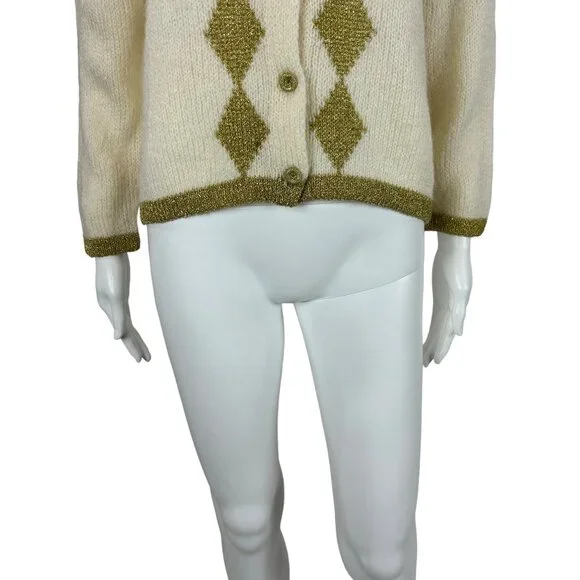 Vintage 80s Metallic Cardigan Women's Large Gold Harlequin Diamonds Sweater - Picture 5 of 8